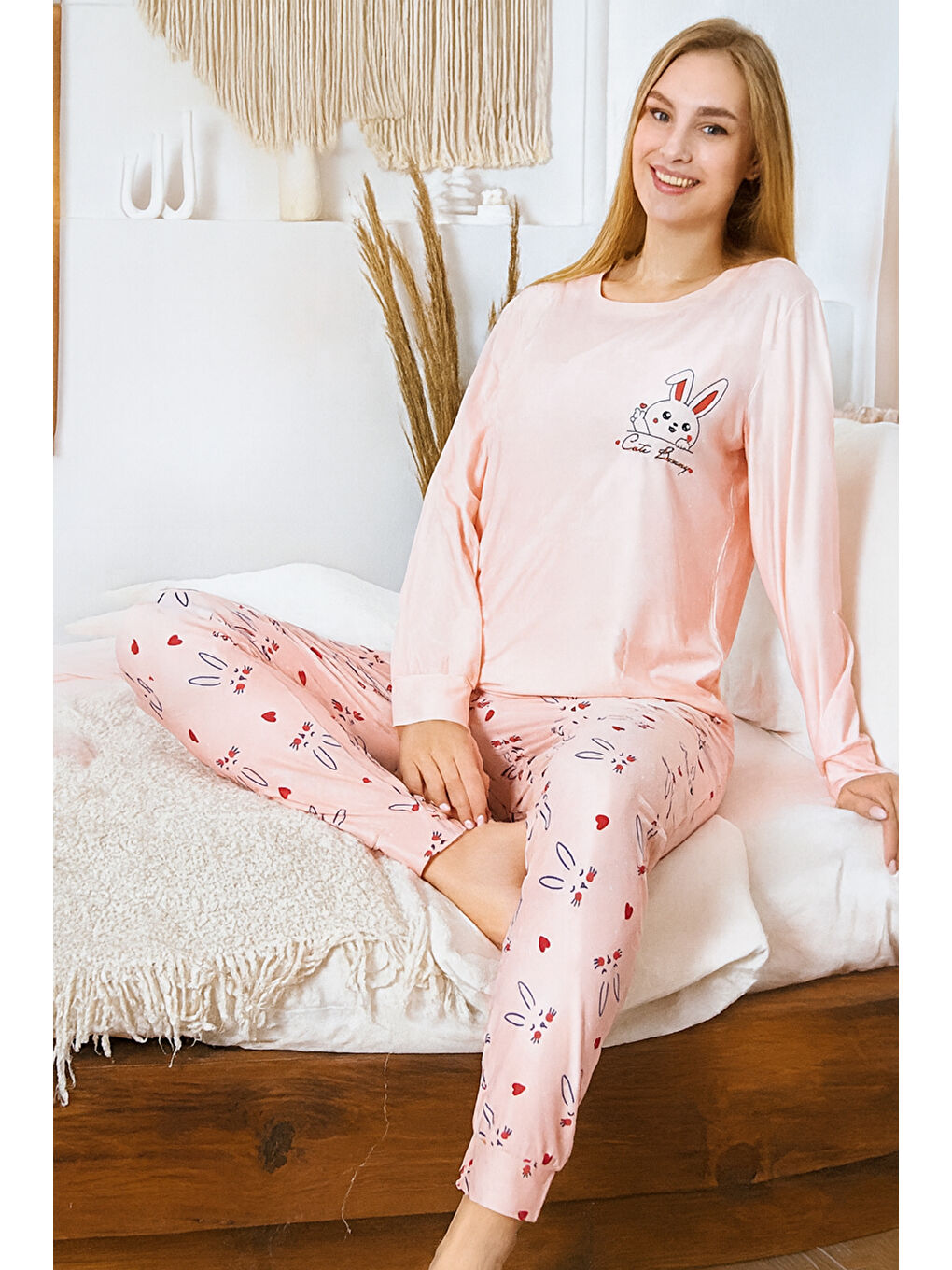 Pembe Kadın Tavşan Desen Yumuşak Doku Marla Pijama Takımı 0479 Somon02-1