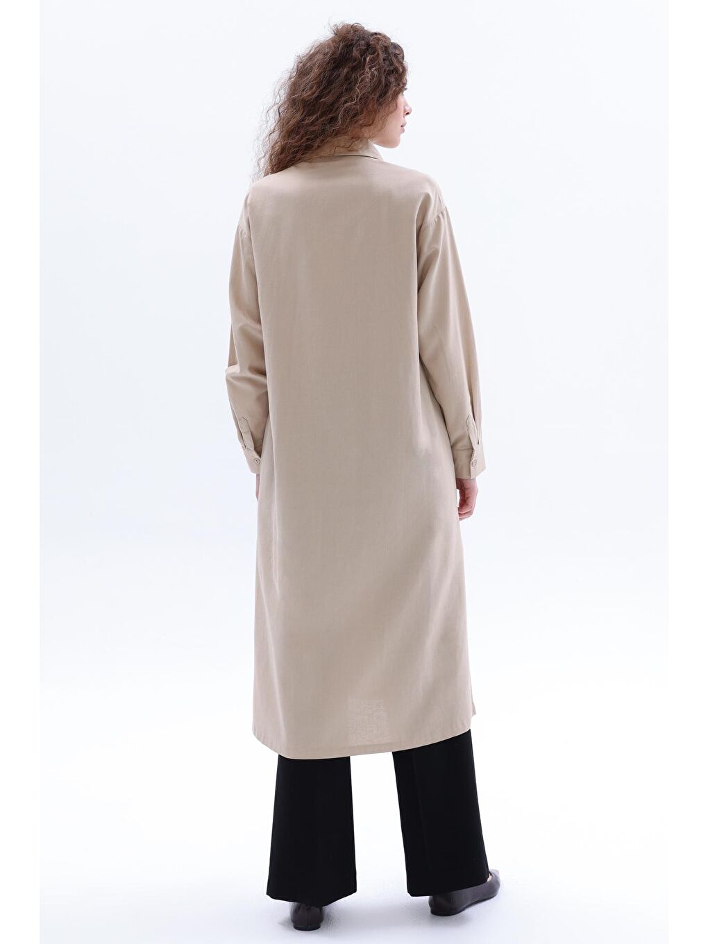 Bej Yanları Yırtmaçlı Cepli Keten Gömlek Tunik-3