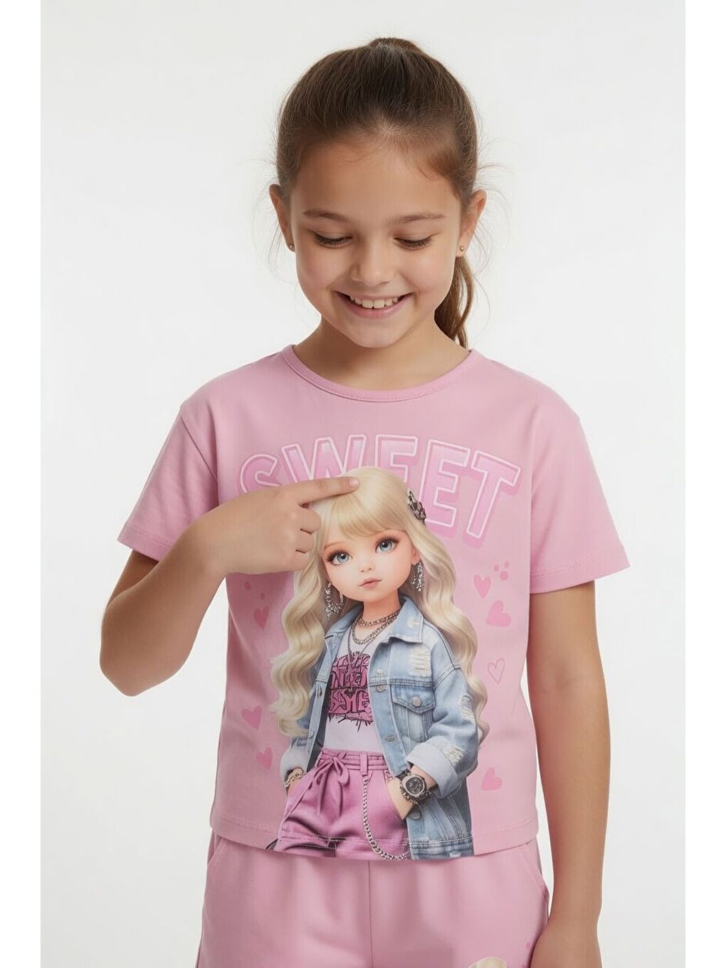 Pembe Pudra Sweet Yazılı Karakter Baskılı Kız Çocuk Şortlu 2li Takım 23996-2