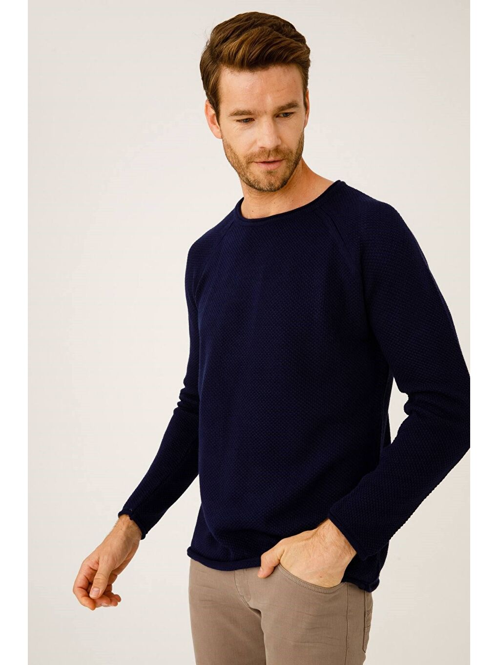 Lacivert Rahat Kalıp Bisiklet Yaka Düz Uzun Kollu Triko-3