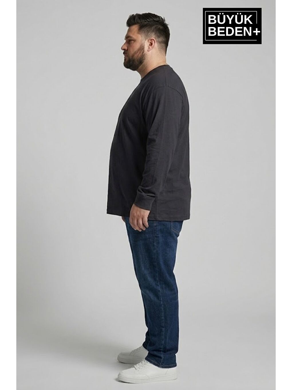 Lacivert Erkek Büyük Beden 2'li Set Uzun Kollu 2 İplik Bisiklet Yaka Tişört SPR26BTS942+2-1