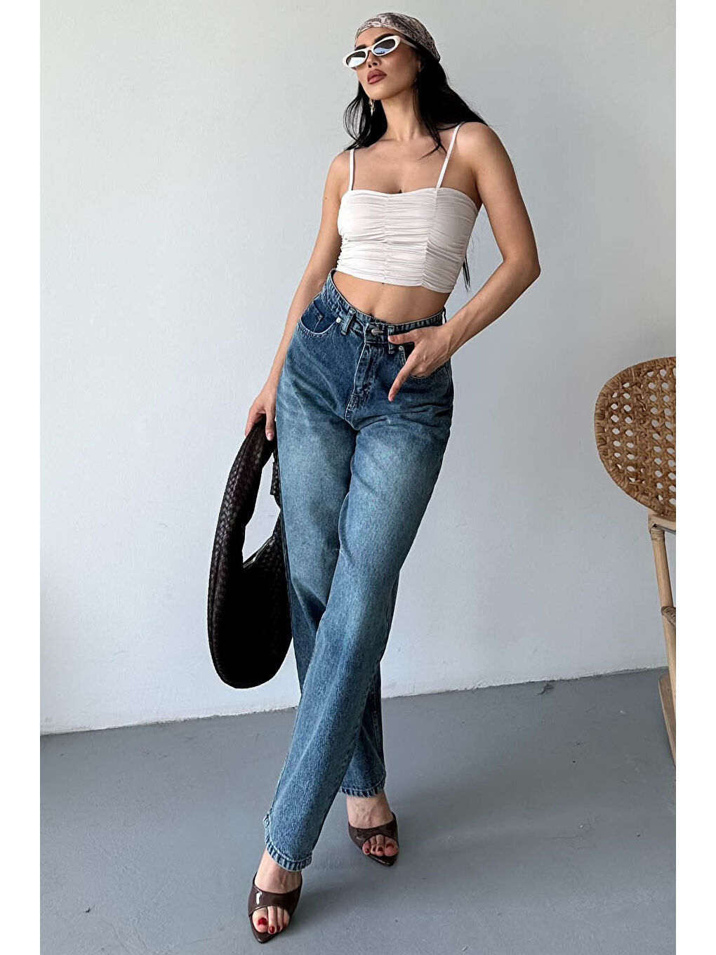 Tokalı Baggy Jean Pantolon Yeşil Tint Yikama - 27297-1