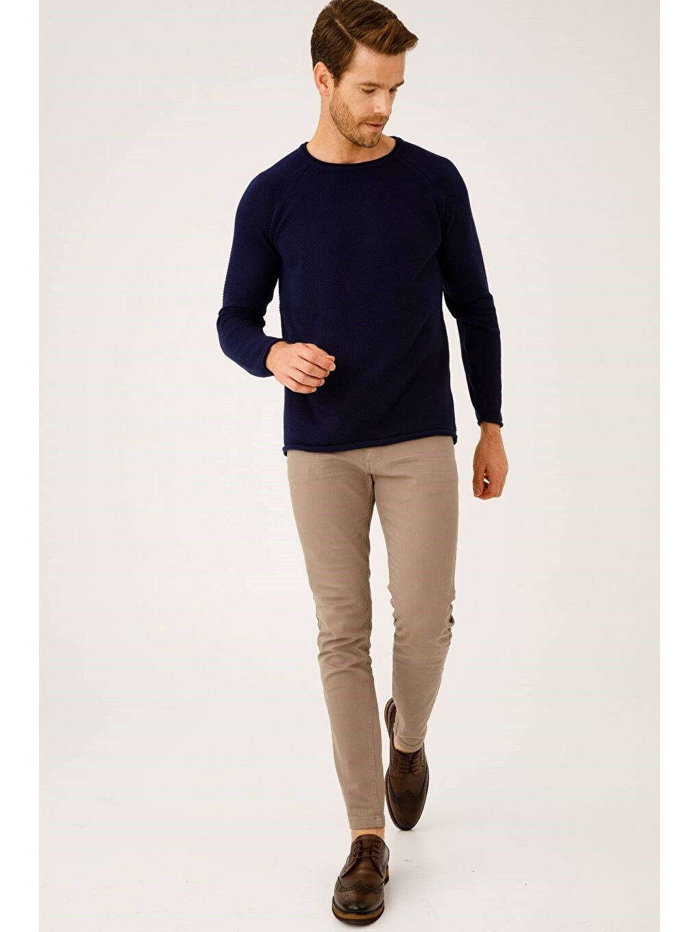 Lacivert Rahat Kalıp Bisiklet Yaka Düz Uzun Kollu Triko-4