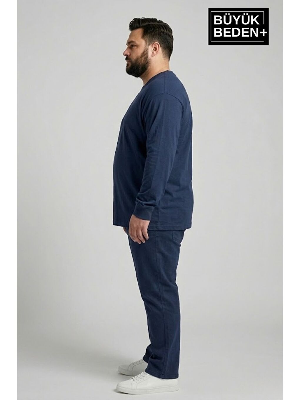 Lacivert Erkek Büyük Beden 2'li Set Uzun Kollu 2 İplik Bisiklet Yaka Tişört SPR26BTS942+2-2