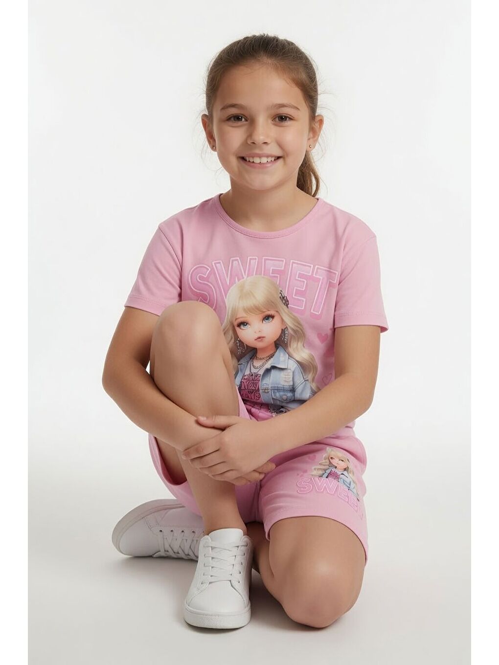 Pembe Pudra Sweet Yazılı Karakter Baskılı Kız Çocuk Şortlu 2li Takım 23996-3