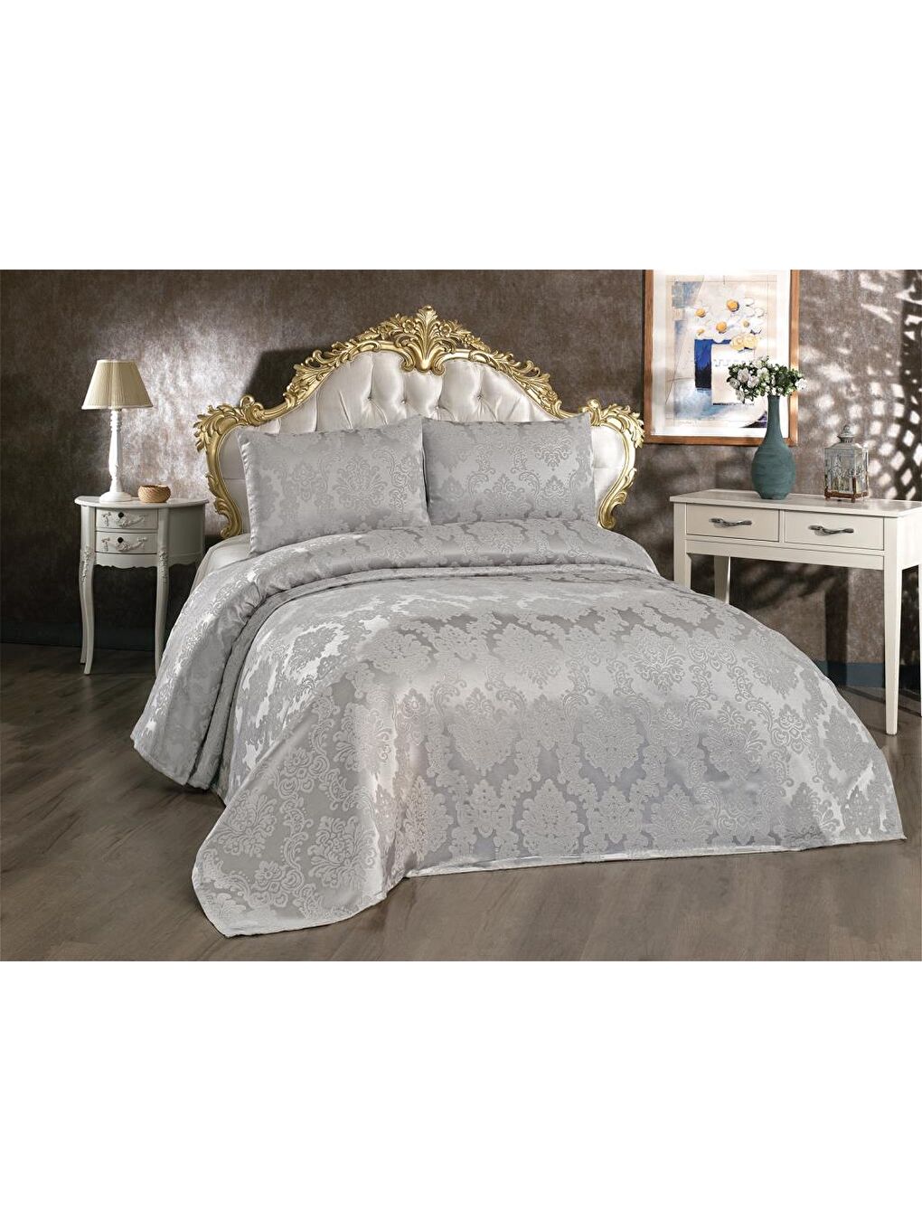 Karışık Toprak Jakarlı Şönil Yatak Örtüsü Gri