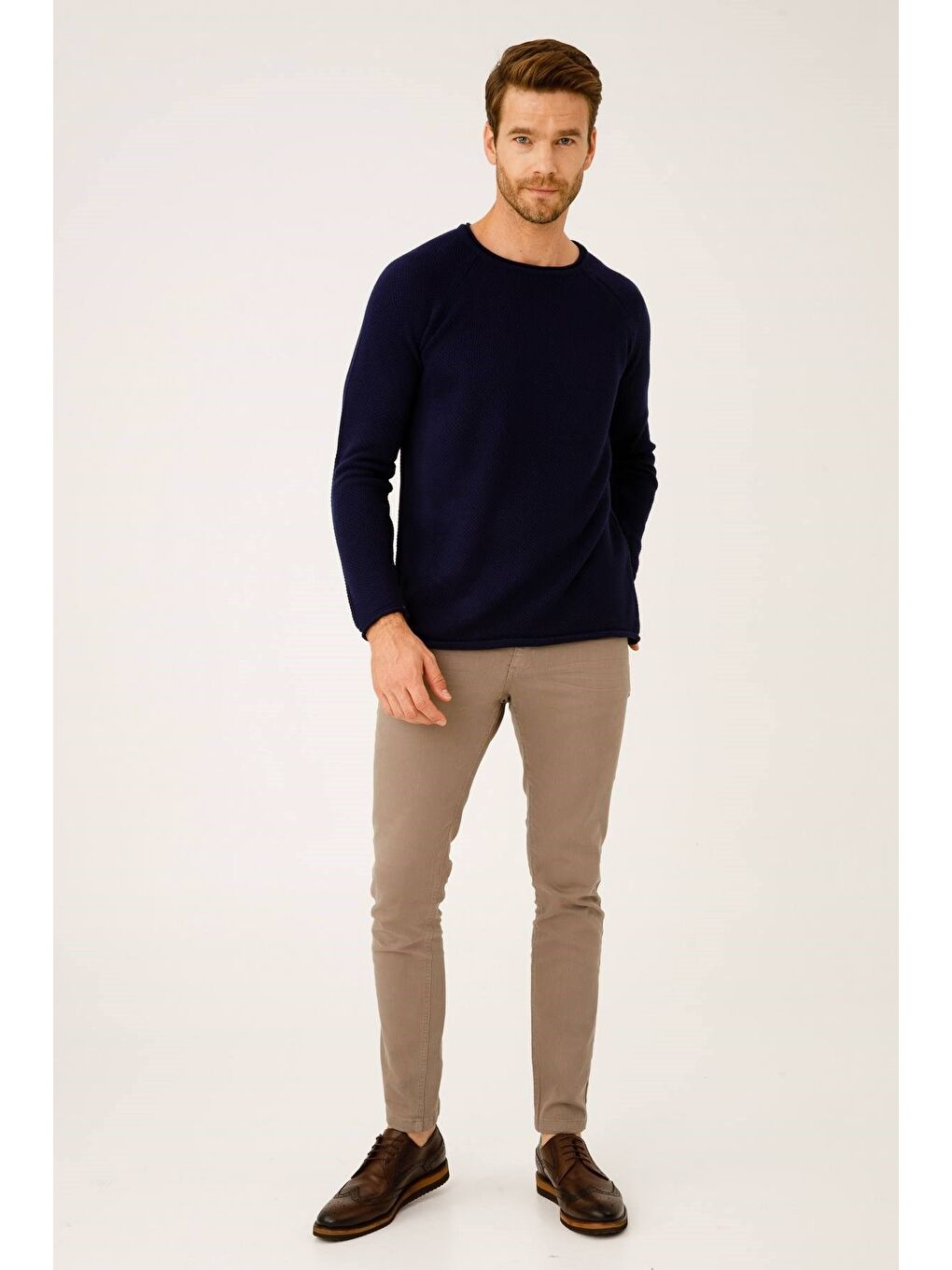 Lacivert Rahat Kalıp Bisiklet Yaka Düz Uzun Kollu Triko-5