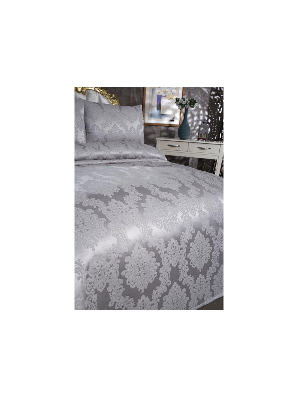 Karışık Toprak Jakarlı Şönil Yatak Örtüsü Gri-3