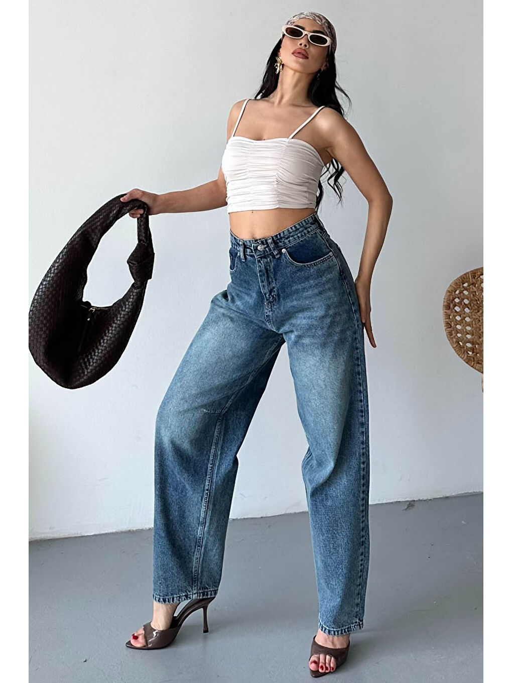 Tokalı Baggy Jean Pantolon Yeşil Tint Yikama - 27297-3