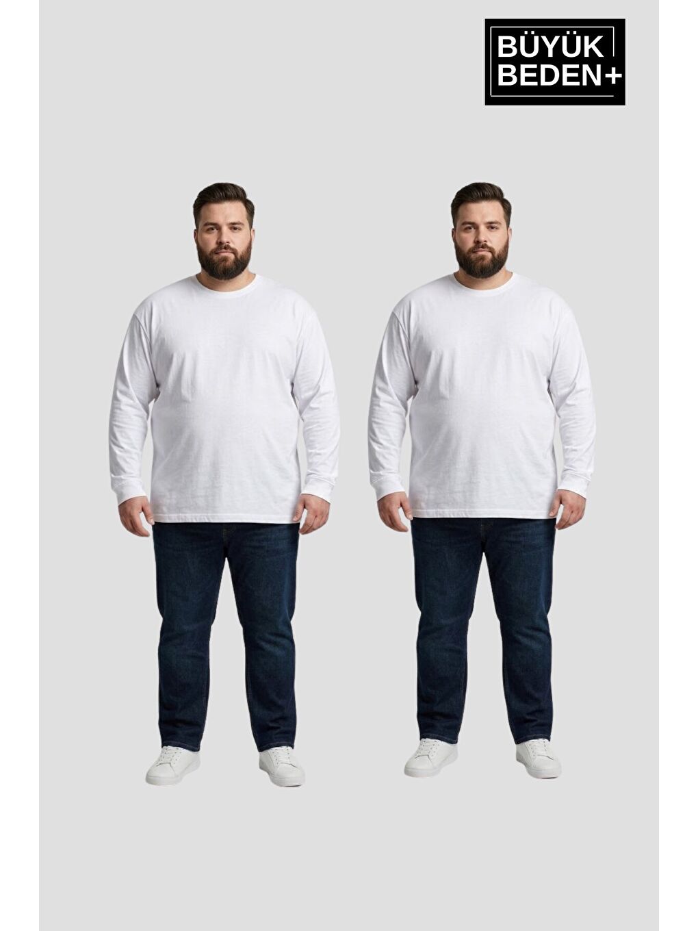 Beyaz Erkek Büyük Beden 2'li Set Uzun Kollu 2 İplik Bisiklet Yaka Tişört SPR26BTS942+2