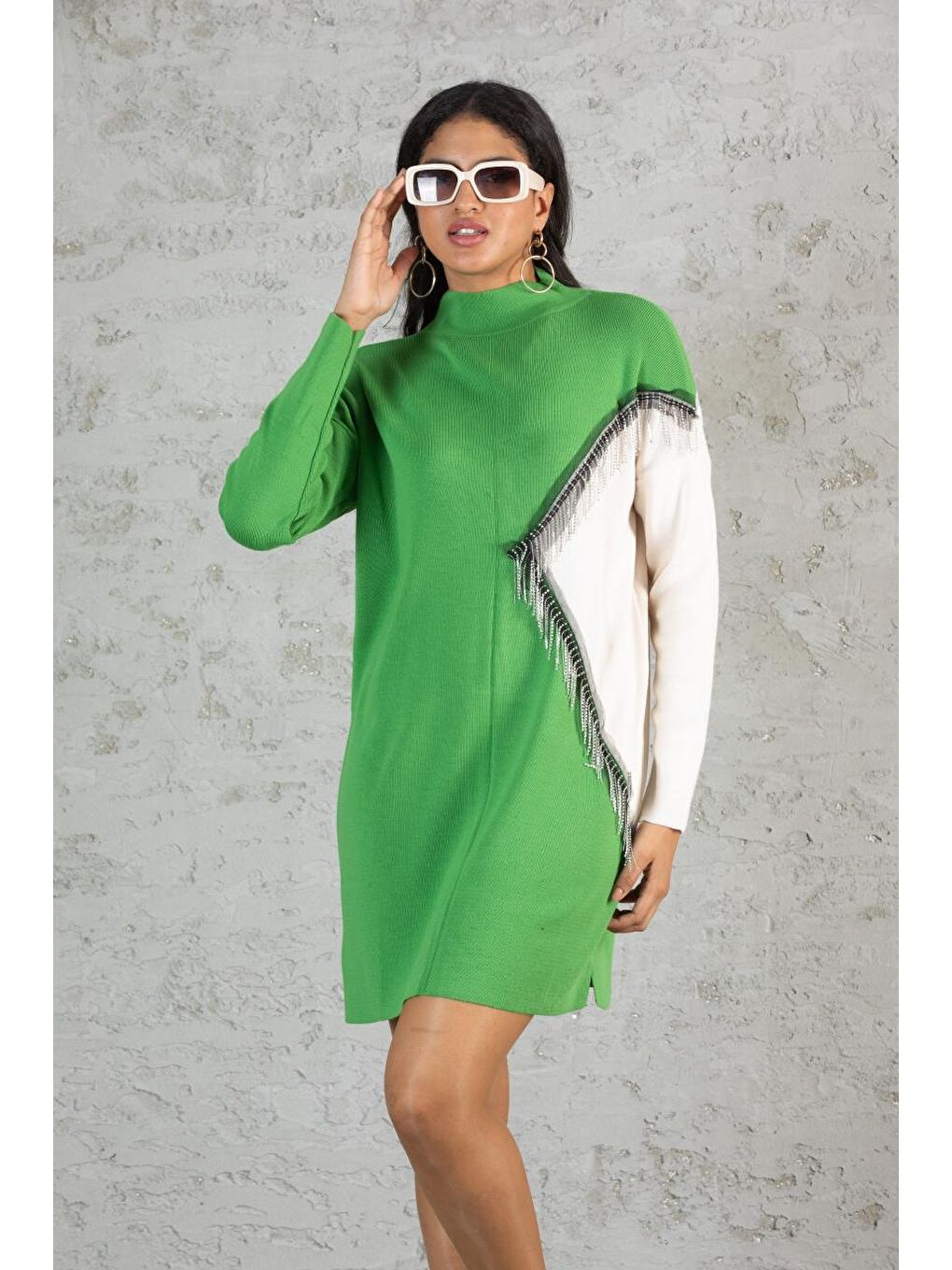 Yeşil Kadın İntersiye Aksesuarlı Yarım Balıkçı Triko Bluz 21015