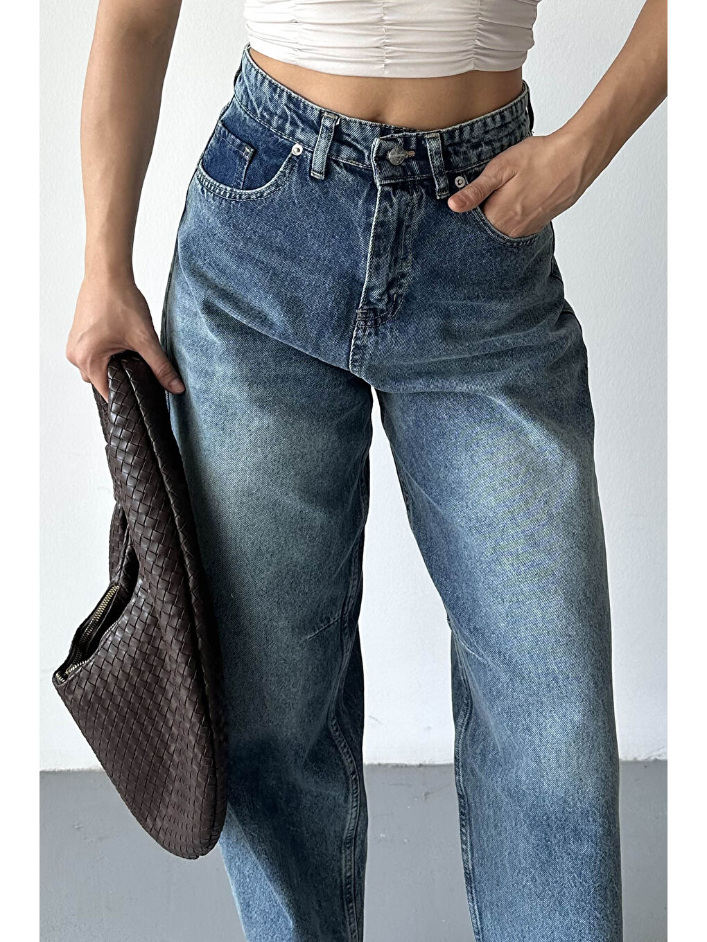 Tokalı Baggy Jean Pantolon Yeşil Tint Yikama - 27297-4