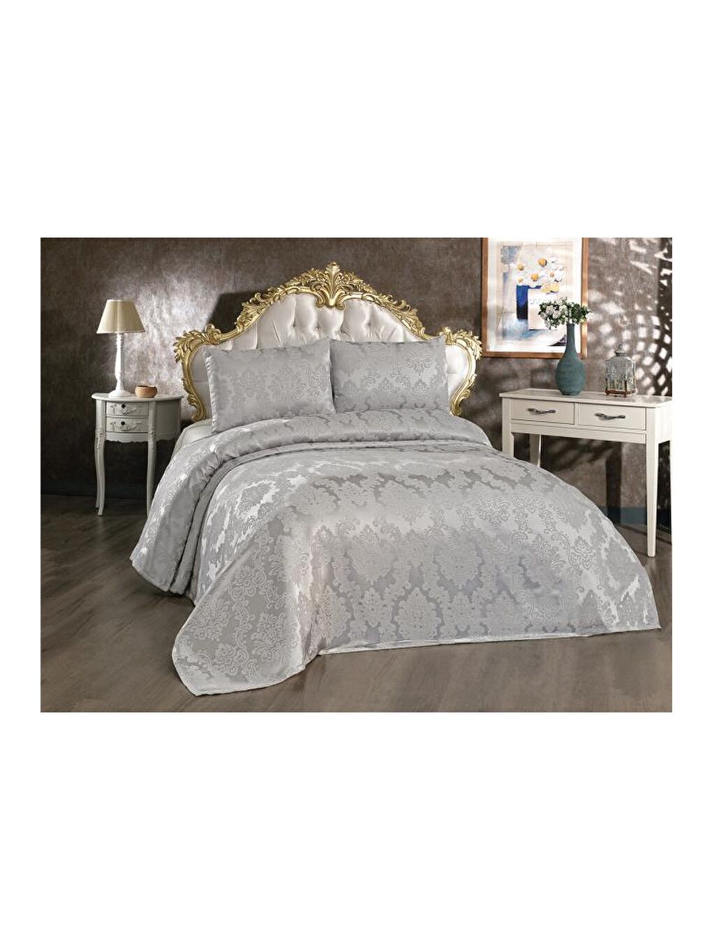 Karışık Toprak Jakarlı Şönil Yatak Örtüsü Gri-5