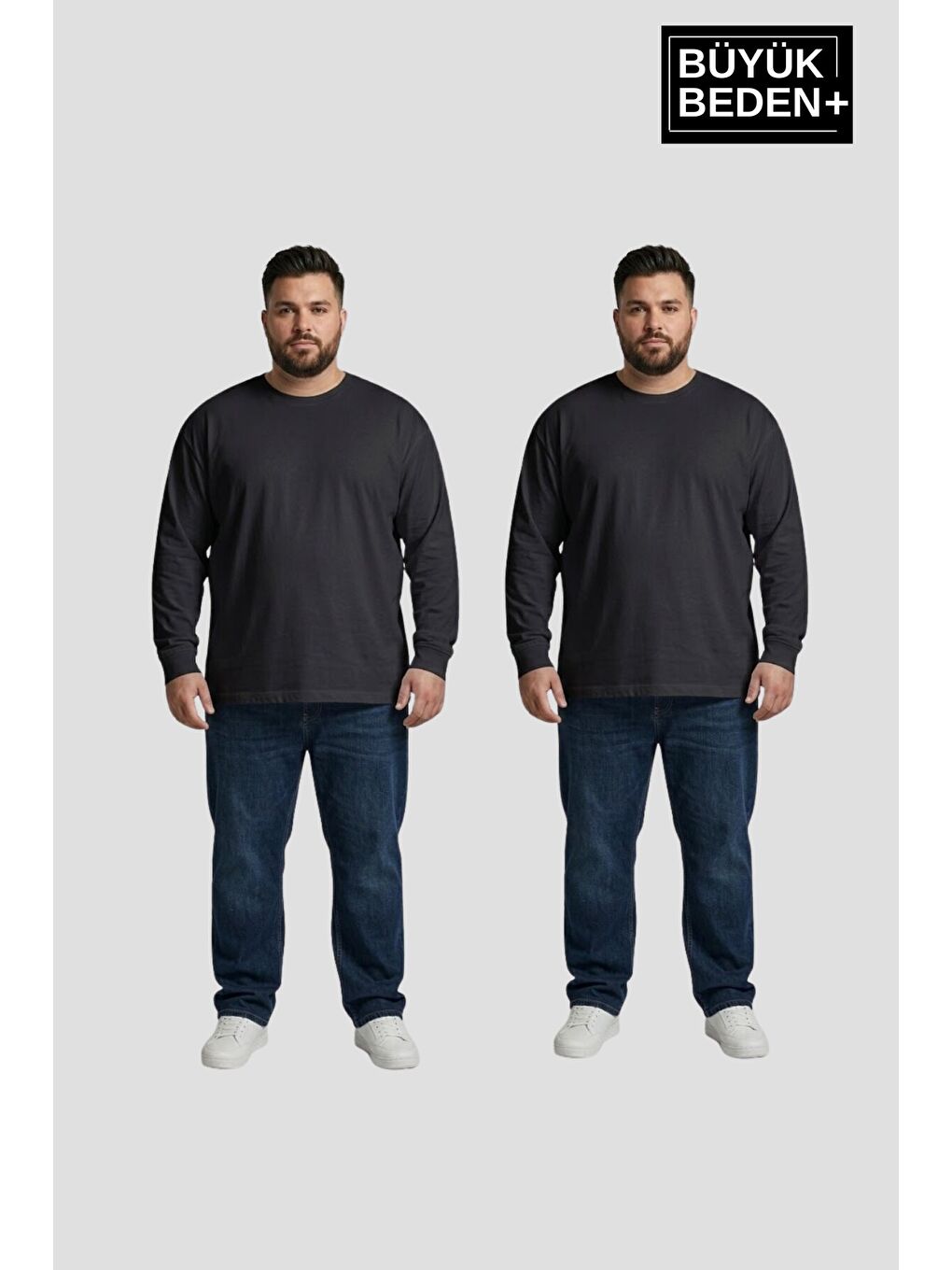 Siyah Erkek Büyük Beden 2'li Set Uzun Kollu 2 İplik Bisiklet Yaka Tişört SPR26BTS942+2