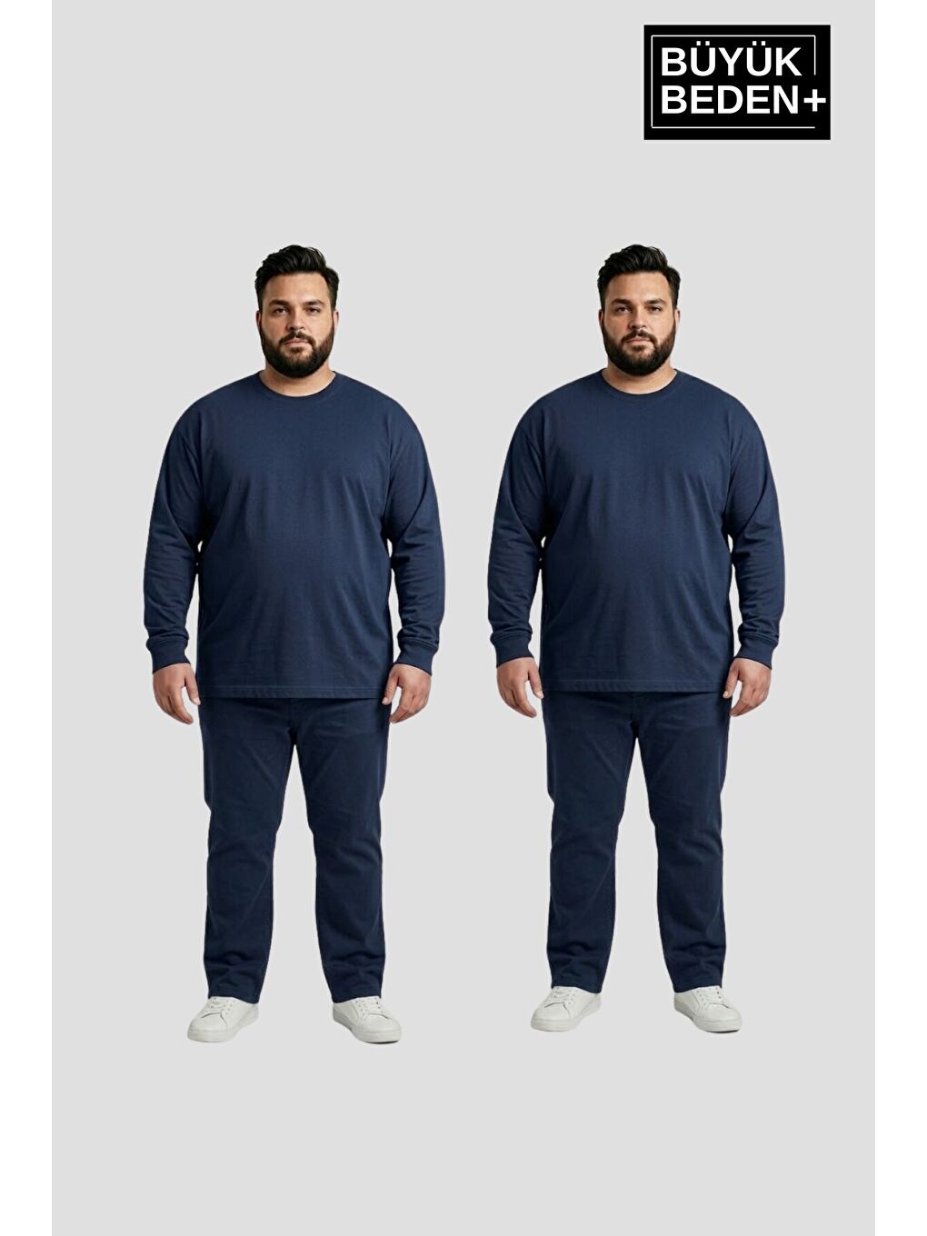 Lacivert Erkek Büyük Beden 2'li Set Uzun Kollu 2 İplik Bisiklet Yaka Tişört SPR26BTS942+2