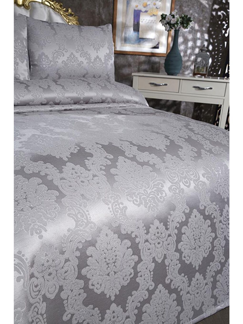 Karışık Toprak Jakarlı Şönil Yatak Örtüsü Gri-8