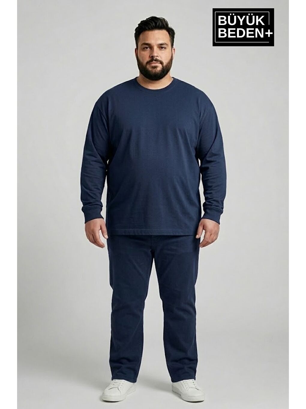 Lacivert Erkek Büyük Beden 2'li Set Uzun Kollu 2 İplik Bisiklet Yaka Tişört SPR26BTS942+2-1