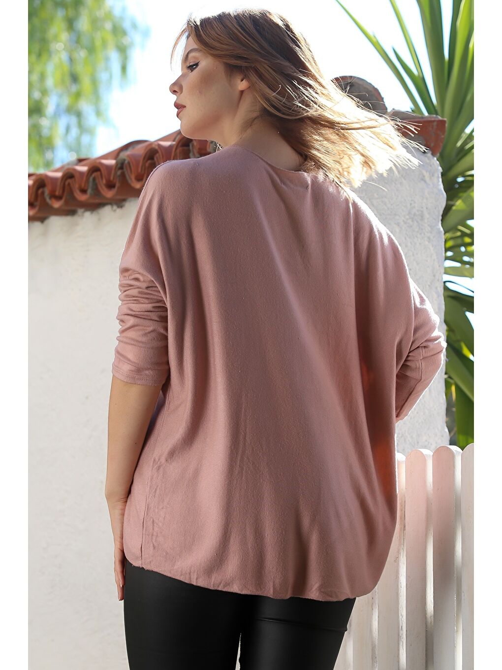 Pembe İtalyan Pudra Havuz Yaka Uzun Kol Yıldız Aplikeli Casual Yumoş Triko Bluz 72 65-7