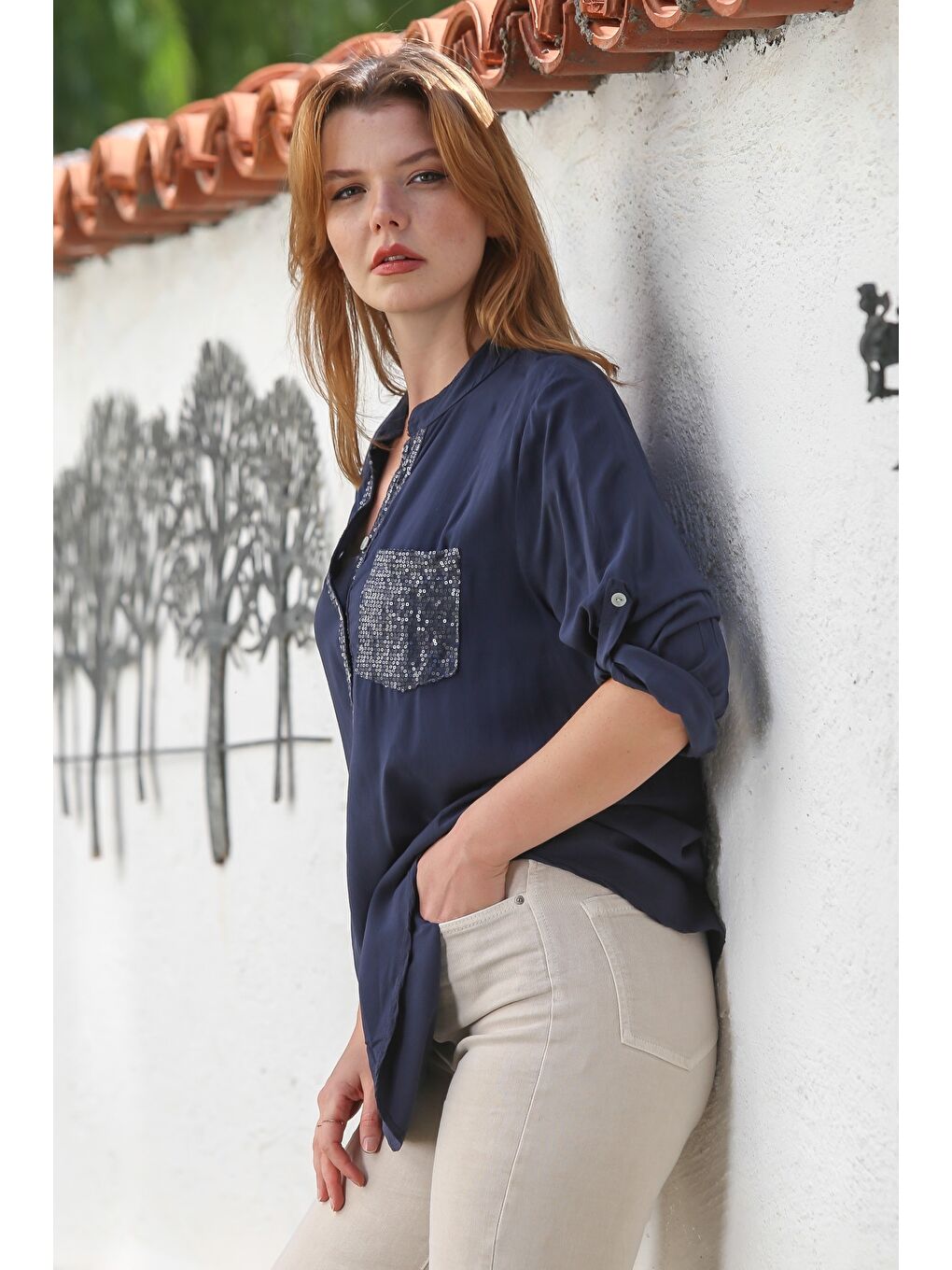 İtalyan Lacivert Hakim Yaka Düğmeli Uzun Kollu Pullu Cepli Casual Dokuma Bluz 72 65-1