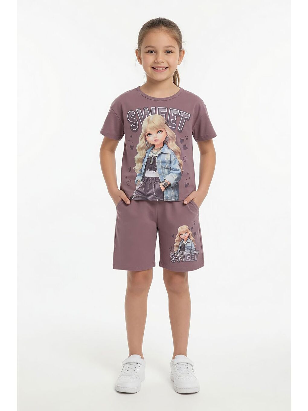 Pembe Gül Kurusu Sweet Yazılı Karakter Baskılı Kız Çocuk Şortlu 2li Takım 23995