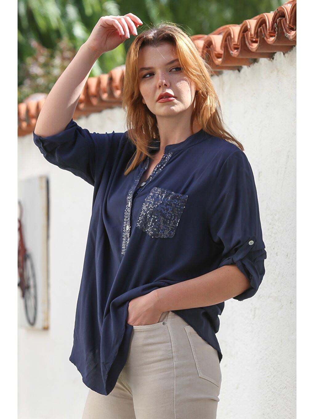 İtalyan Lacivert Hakim Yaka Düğmeli Uzun Kollu Pullu Cepli Casual Dokuma Bluz 72 65-2