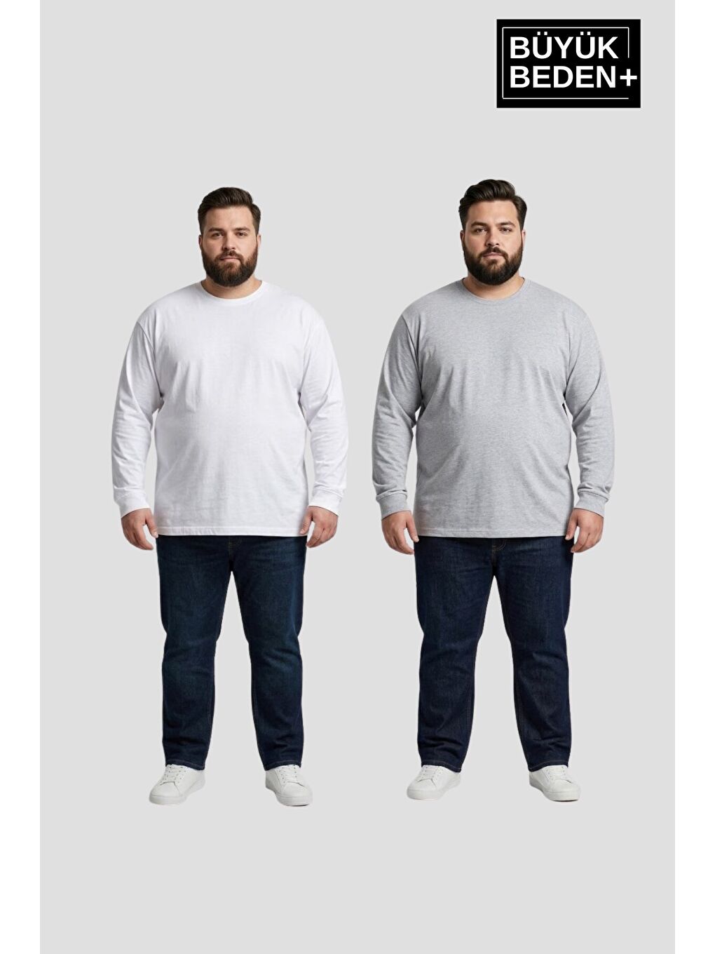 Gri Erkek Büyük Beden 2'li Set Uzun Kollu 2 İplik Bisiklet Yaka Tişört SPR26BTS942+2