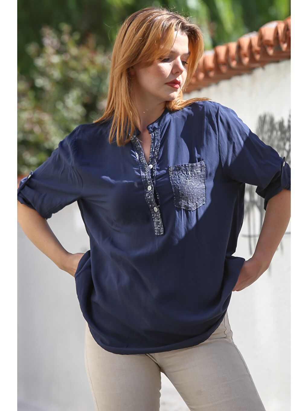 İtalyan Lacivert Hakim Yaka Düğmeli Uzun Kollu Pullu Cepli Casual Dokuma Bluz 72 65-3