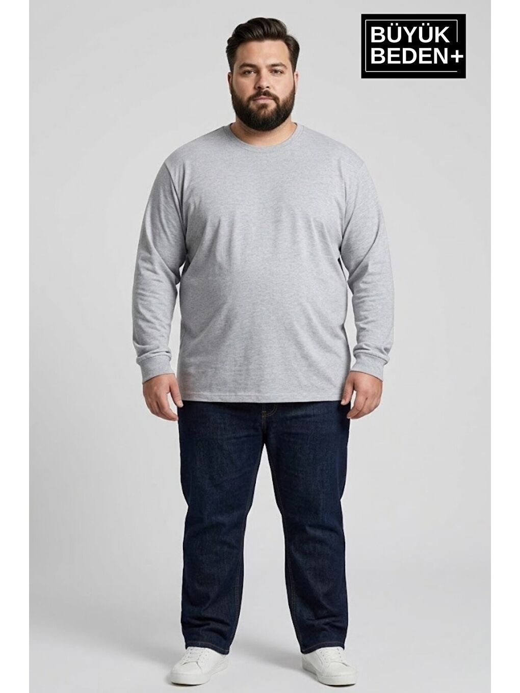 Gri Erkek Büyük Beden 2'li Set Uzun Kollu 2 İplik Bisiklet Yaka Tişört SPR26BTS942+2-1