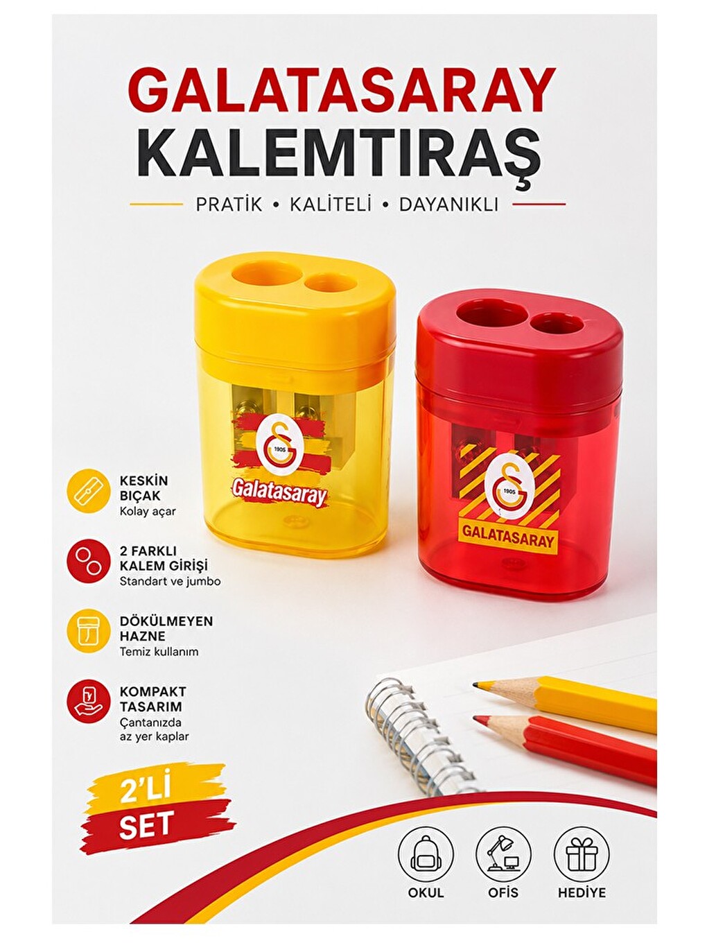 Taraftar Kalemtıraş Lisanslı Orijinal 2 Adet Gs Aslan Kalemtıraş 2 Renk Çift Bıçaklı