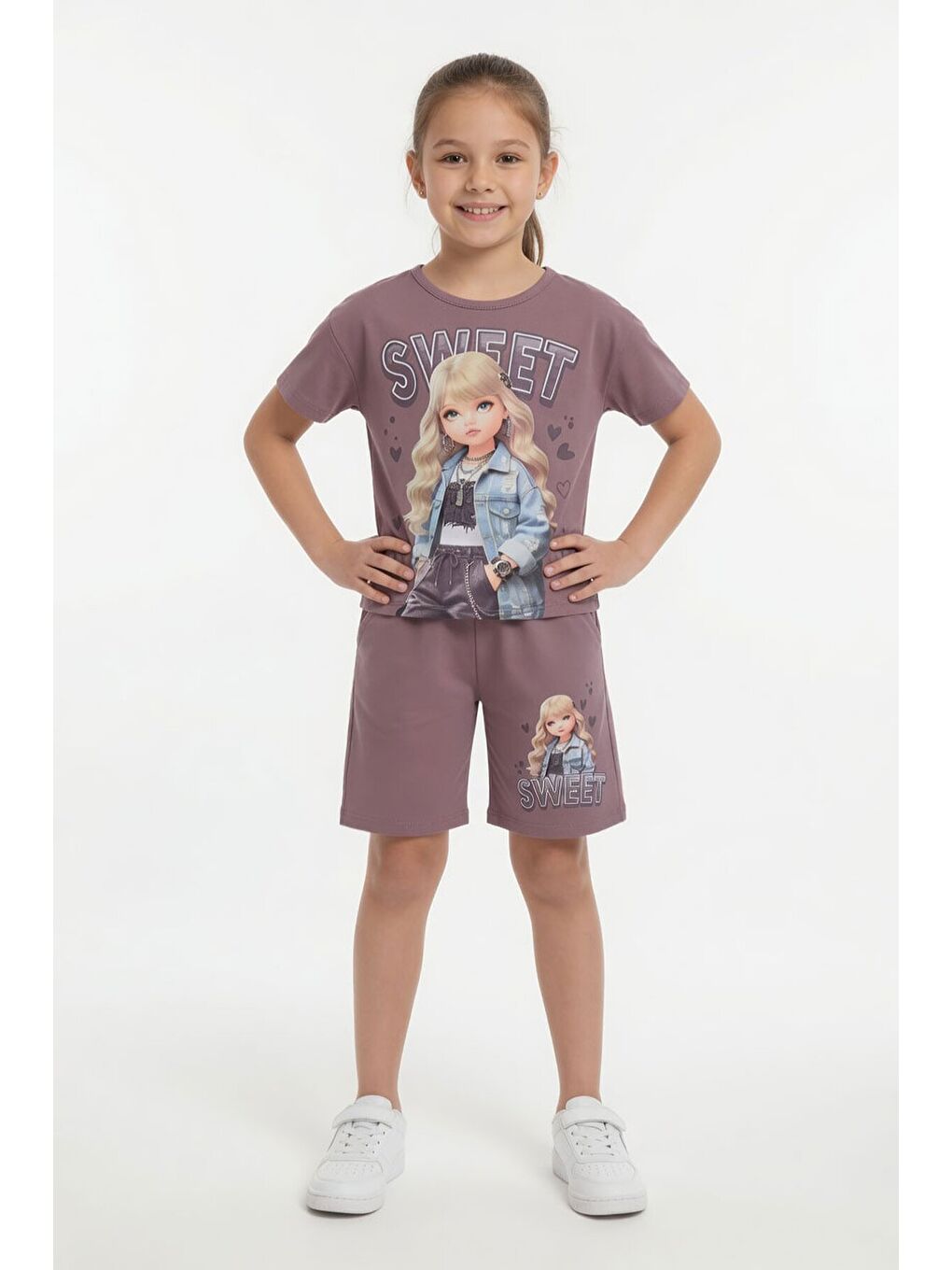 Pembe Gül Kurusu Sweet Yazılı Karakter Baskılı Kız Çocuk Şortlu 2li Takım 23995-1