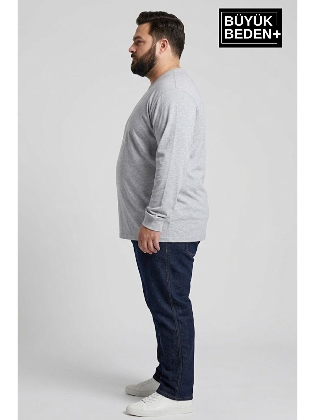 Gri Erkek Büyük Beden 2'li Set Uzun Kollu 2 İplik Bisiklet Yaka Tişört SPR26BTS942+2-2