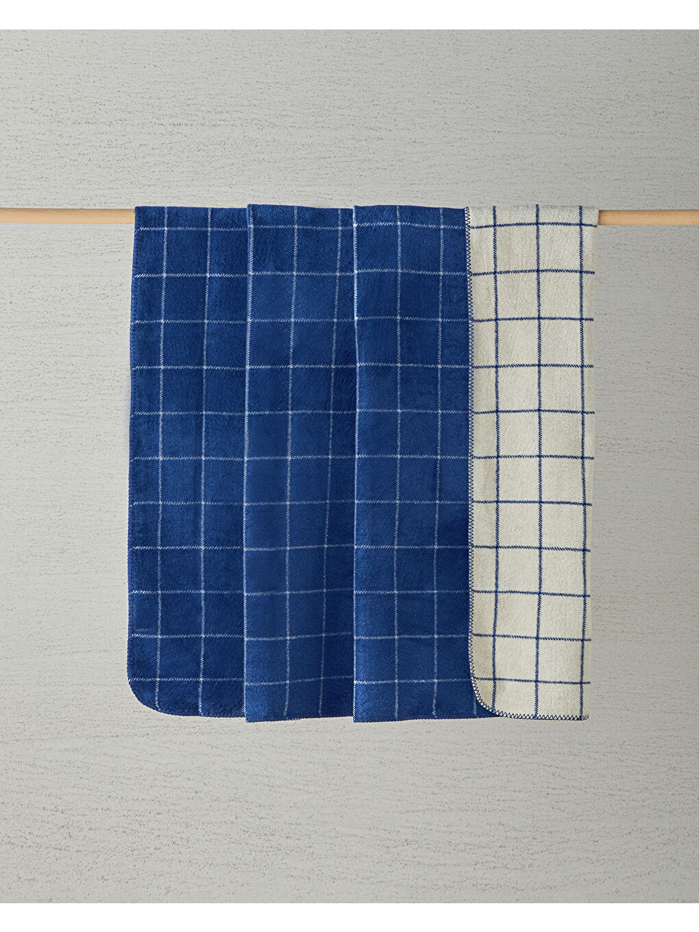 Plain Check Pamuklu King Size Battaniye Lacivert - Krem