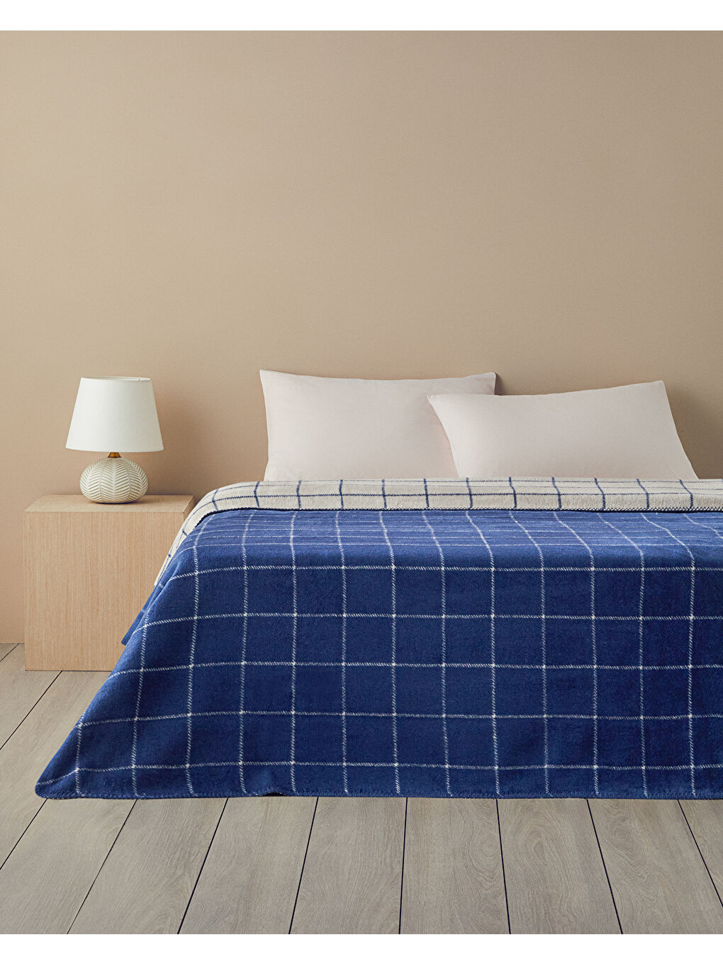 Plain Check Pamuklu King Size Battaniye Lacivert - Krem-1