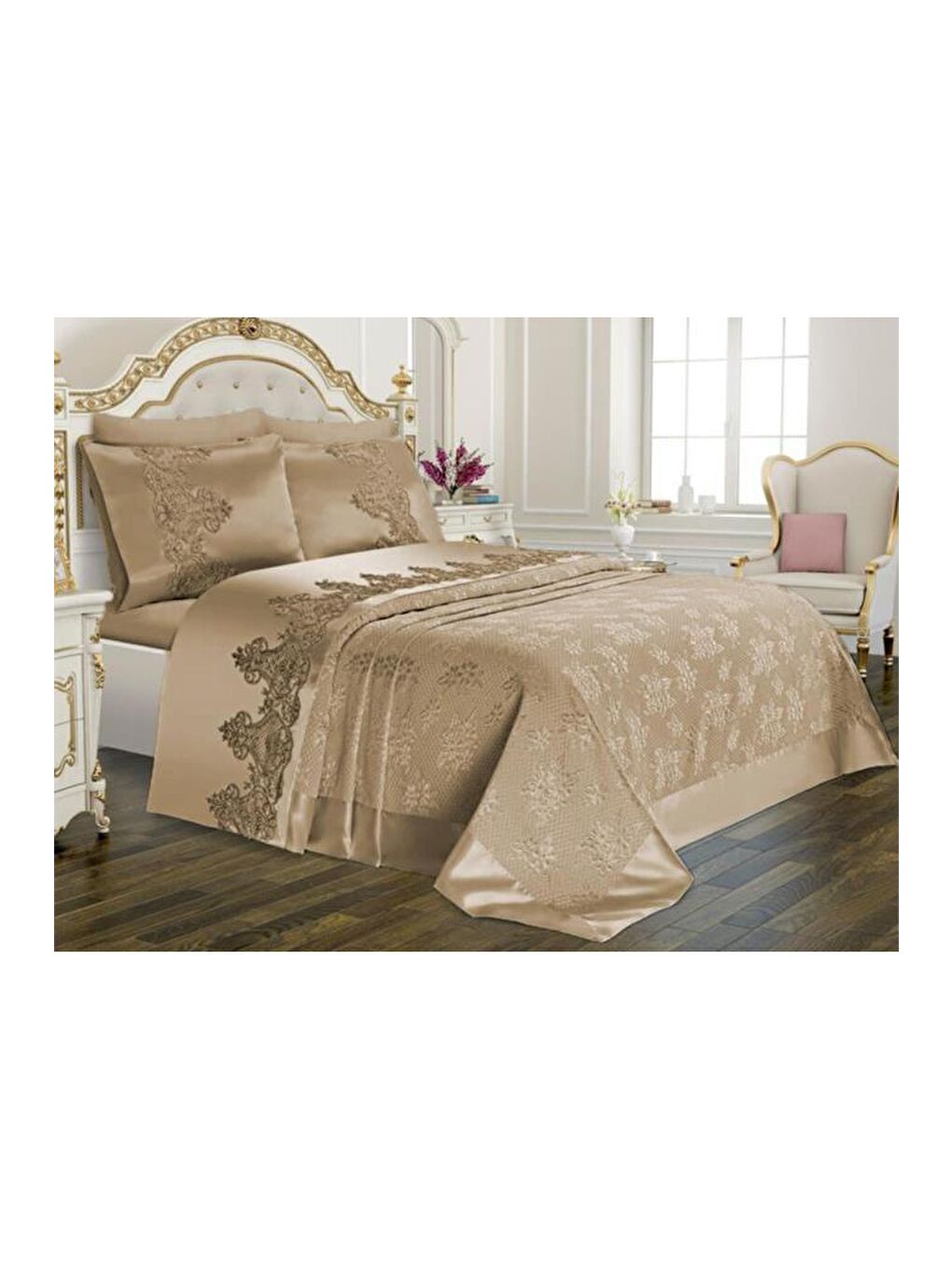 Karışık Çeyizlik Pike Seti Dubai Sade 3 Parça Bej-2