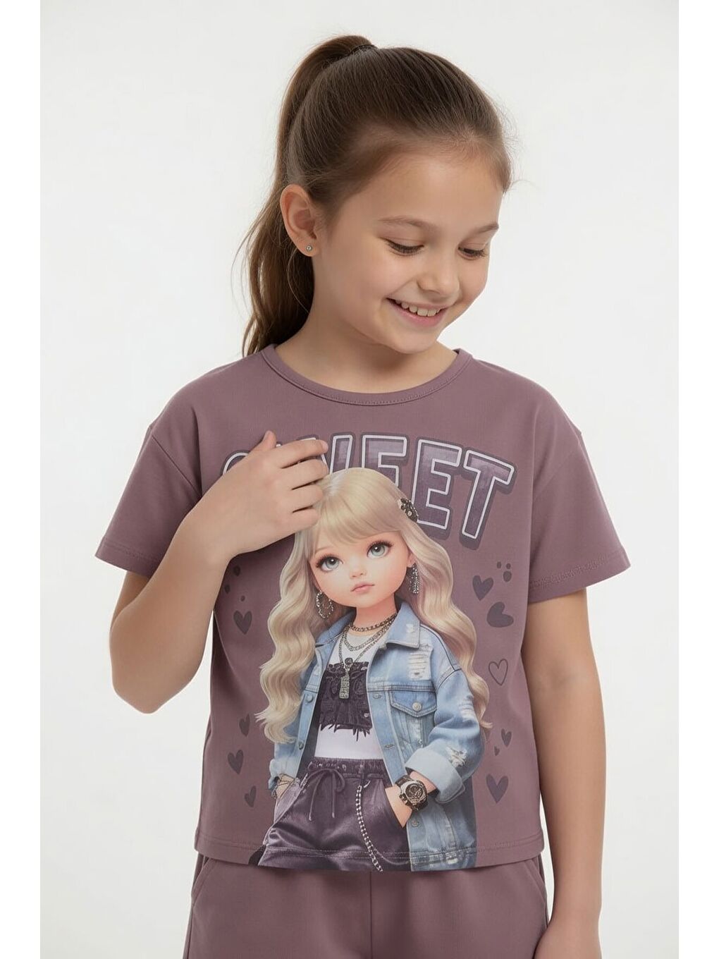 Pembe Gül Kurusu Sweet Yazılı Karakter Baskılı Kız Çocuk Şortlu 2li Takım 23995-2