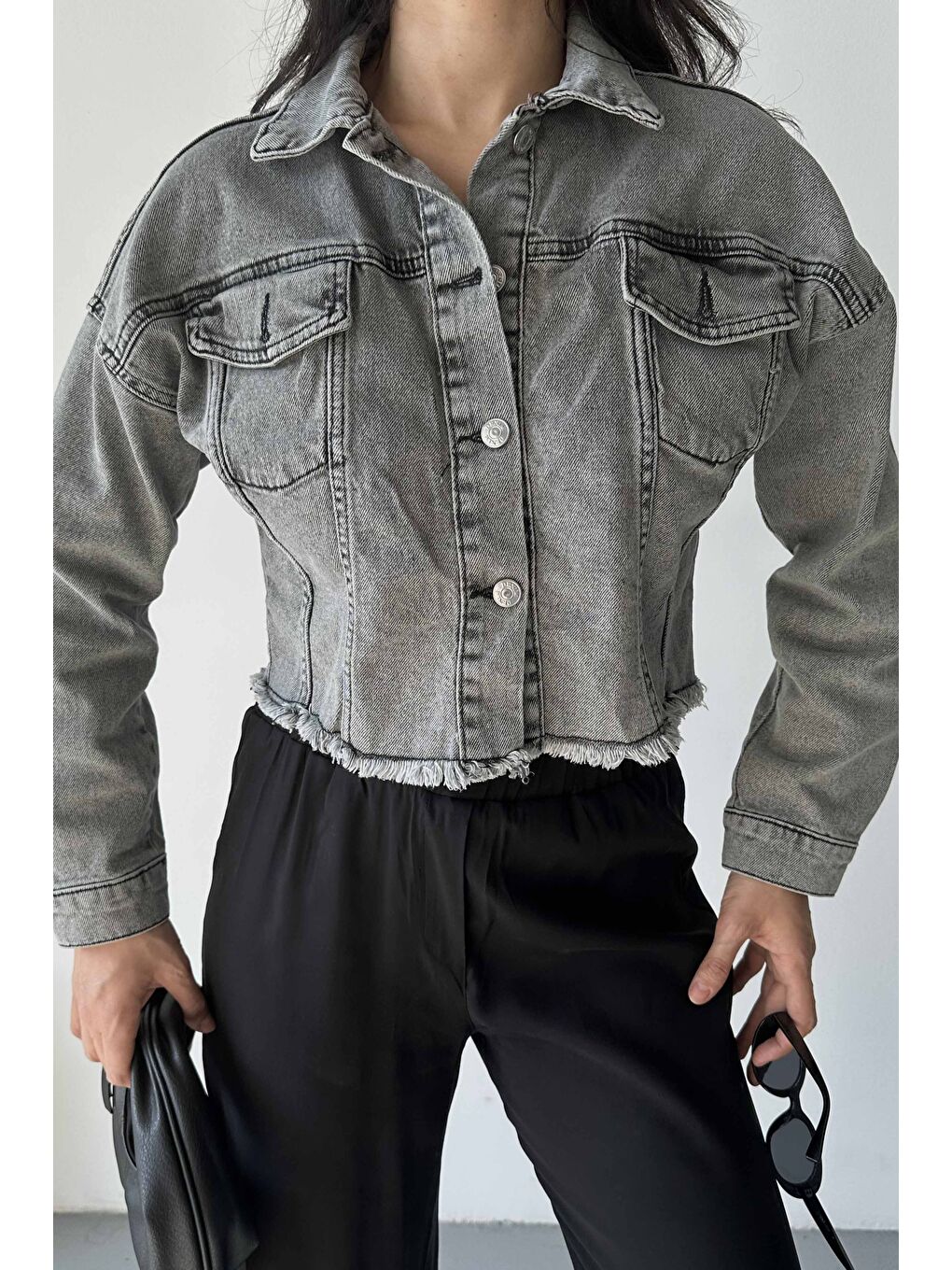 Gri Çift Cepli Denim Crop Ceket Füme - 27299-4