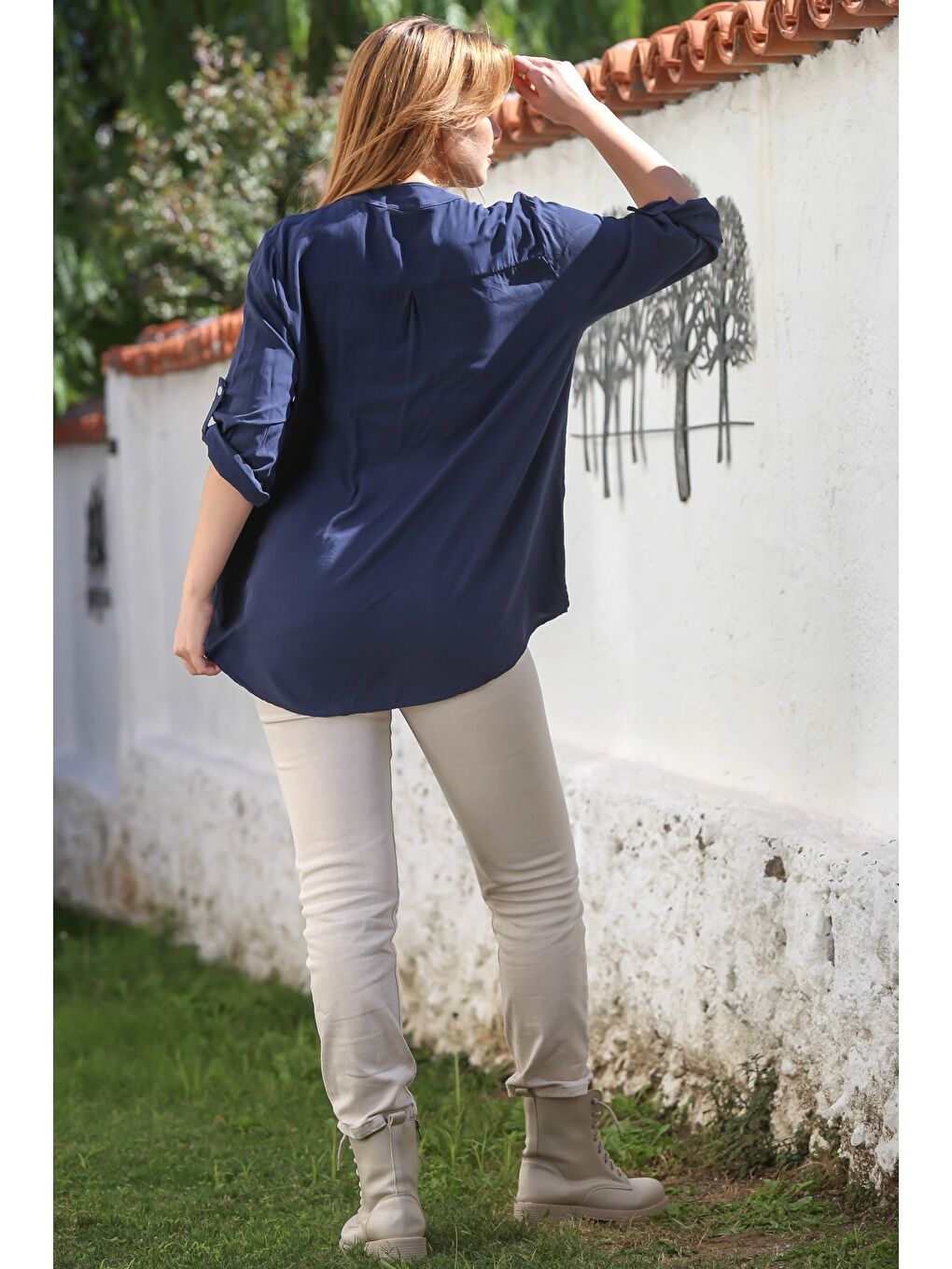 İtalyan Lacivert Hakim Yaka Düğmeli Uzun Kollu Pullu Cepli Casual Dokuma Bluz 72 65-7