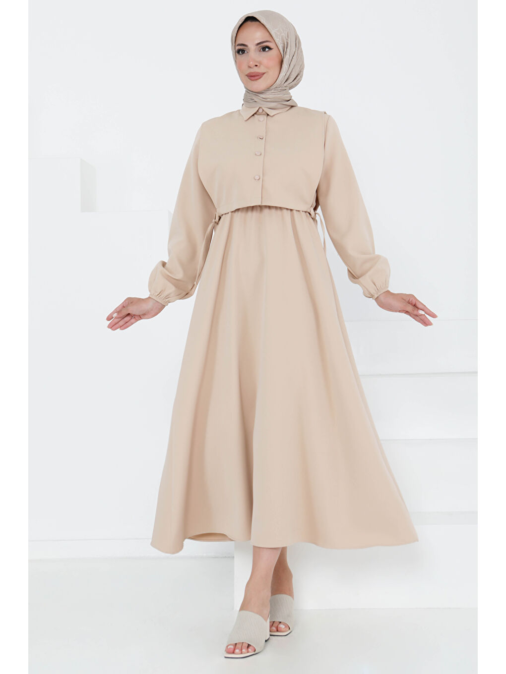 Bej İkili Elbise Takım Taş - 27184-2