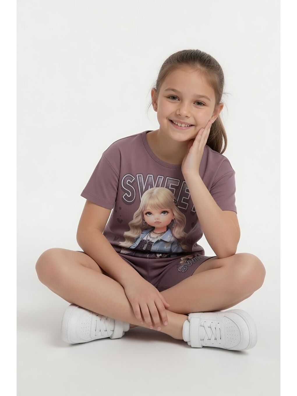 Pembe Gül Kurusu Sweet Yazılı Karakter Baskılı Kız Çocuk Şortlu 2li Takım 23995-3