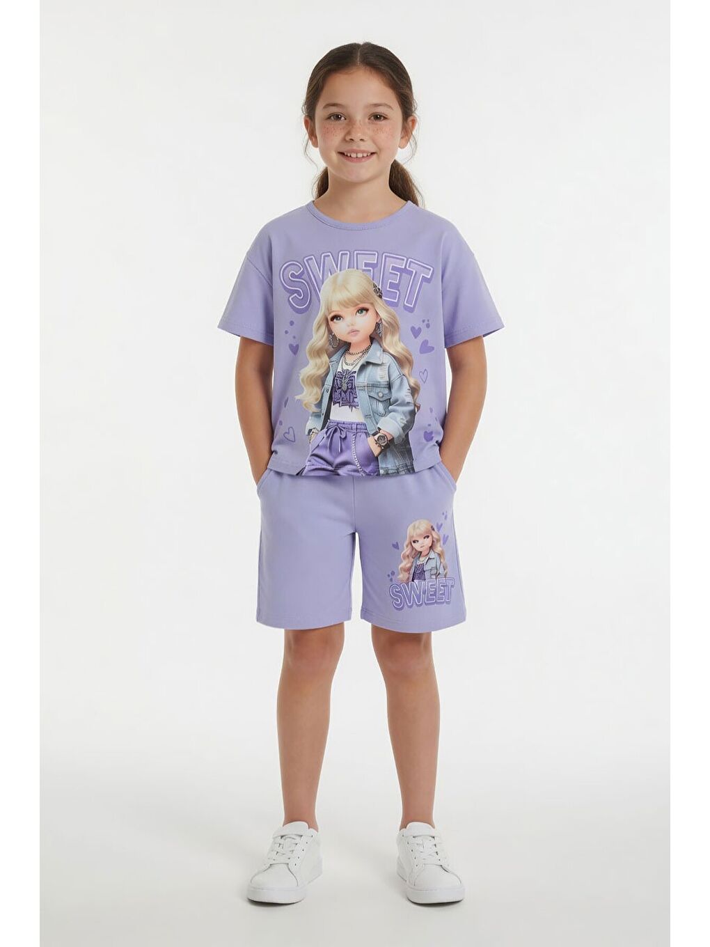 Lila Sweet Yazılı Karakter Baskılı Kız Çocuk Şortlu 2li Takım 23994