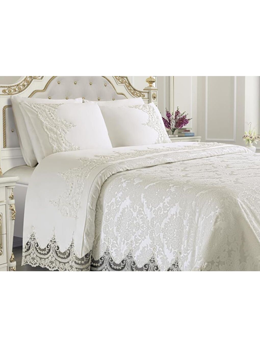 Karışık Fransız Güpürlü Arus 3 Parça Pike Seti Krem-1