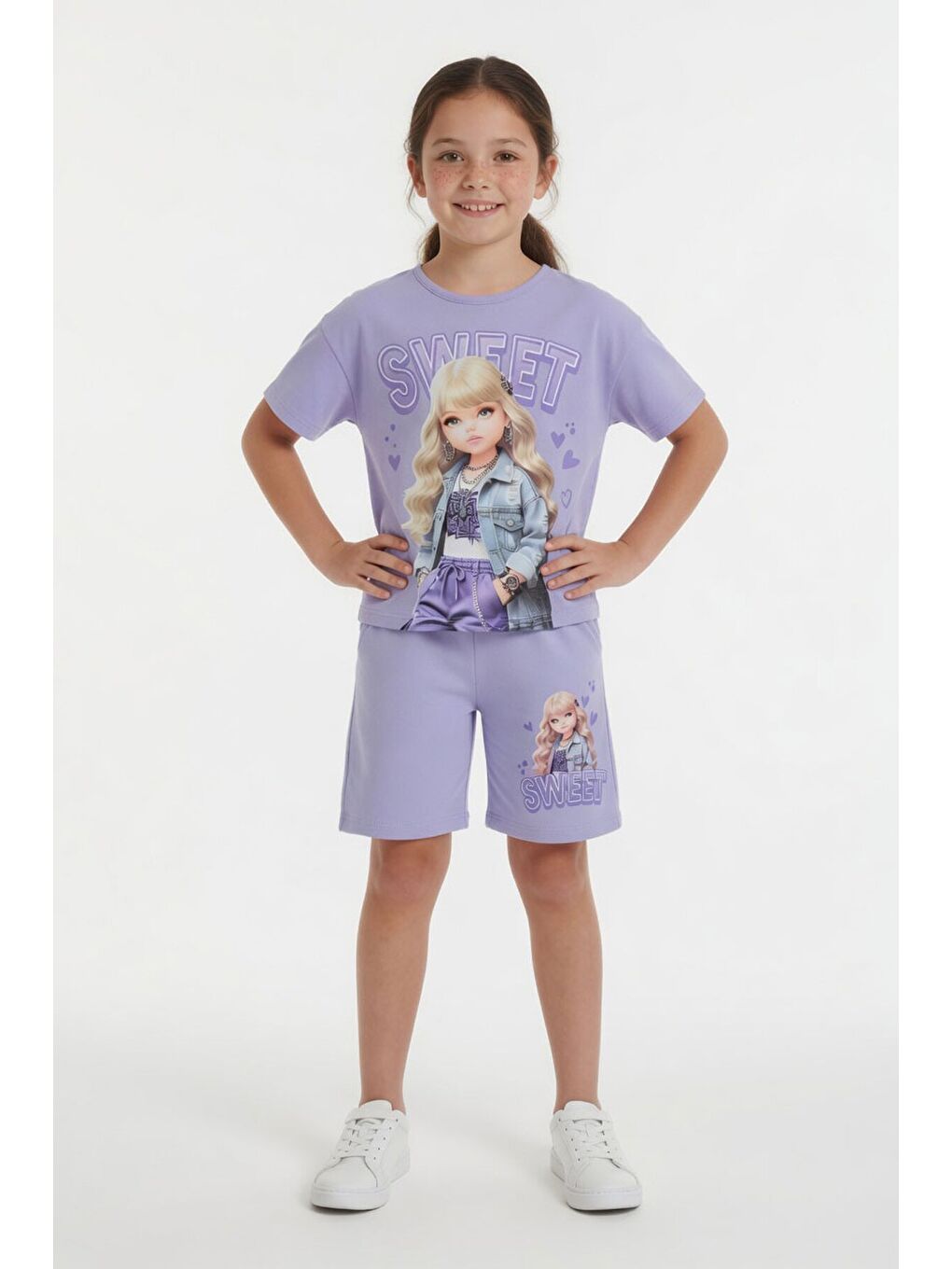 Lila Sweet Yazılı Karakter Baskılı Kız Çocuk Şortlu 2li Takım 23994-1