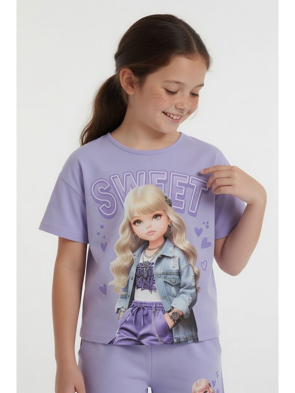 Lila Sweet Yazılı Karakter Baskılı Kız Çocuk Şortlu 2li Takım 23994-2