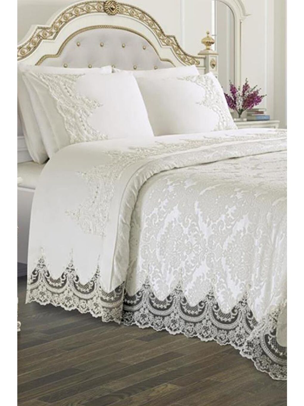 Karışık Fransız Güpürlü Arus 3 Parça Pike Seti Krem-3