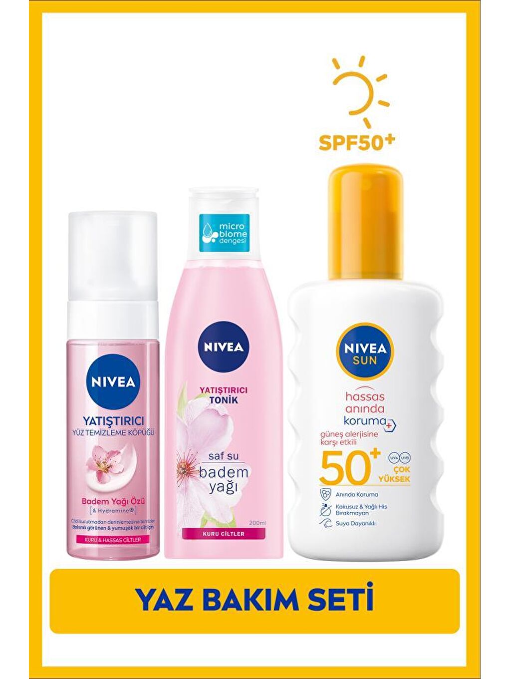 SUN SPF50 Anında Güneş Koruyucu Vücut Spreyi 200ml, Yüz Temizleme Köpüğü, Tonik 200ml, Hassas Cilt