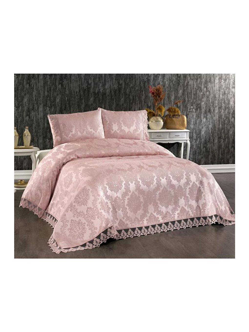 Karışık Demontis Çift Kişilik Yatak Örtüsü Pudra-2