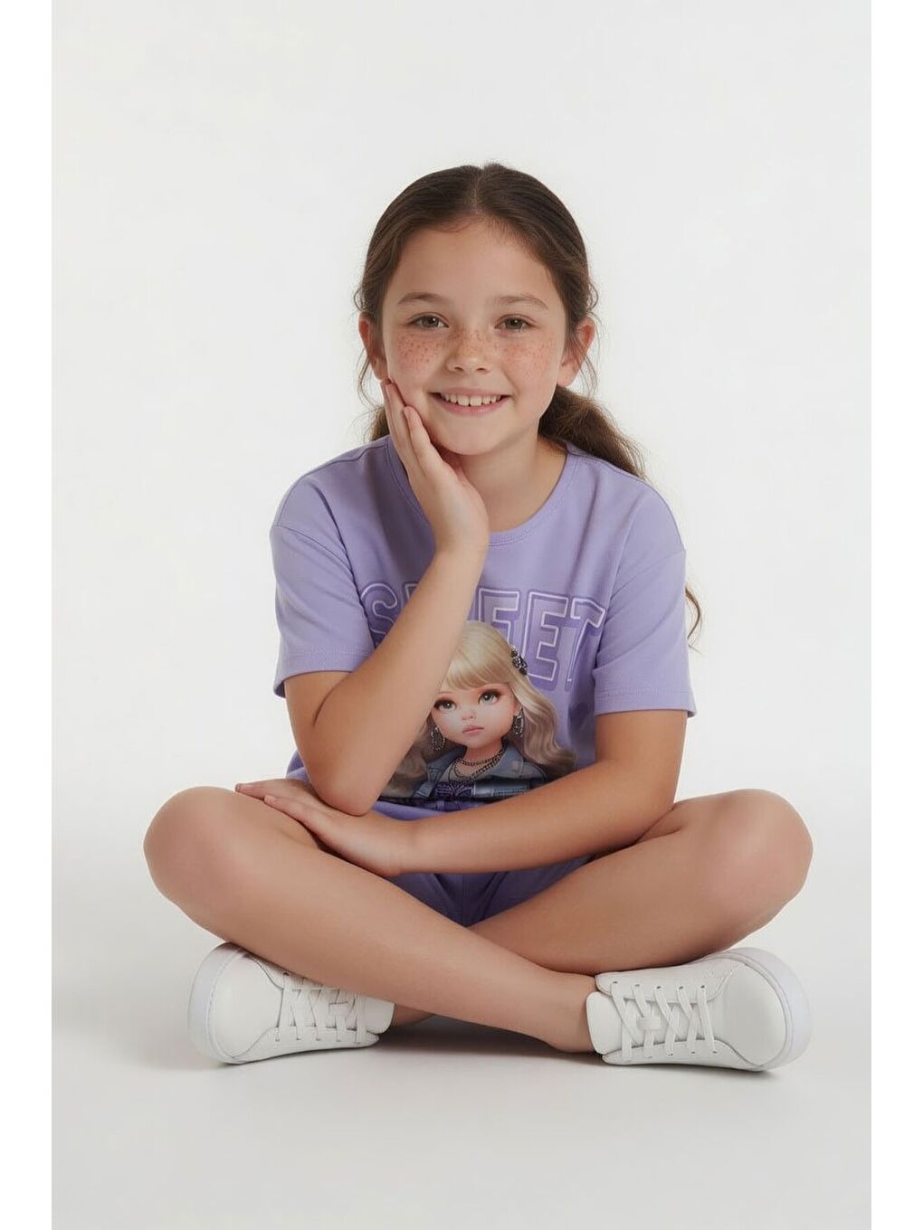 Lila Sweet Yazılı Karakter Baskılı Kız Çocuk Şortlu 2li Takım 23994-3