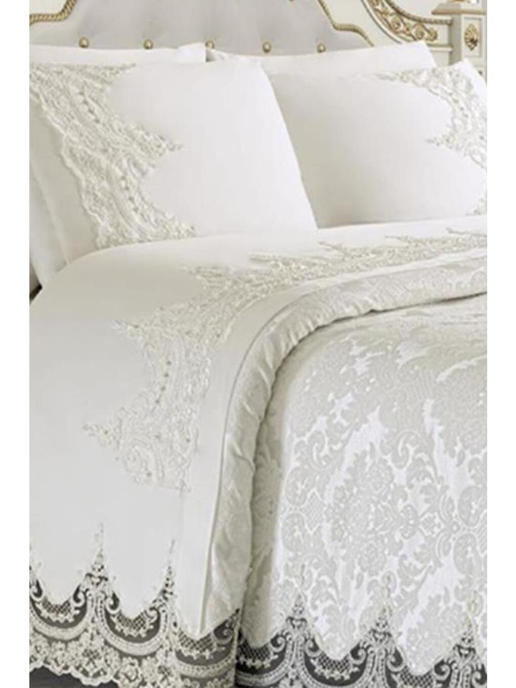 Karışık Fransız Güpürlü Arus 3 Parça Pike Seti Krem-4