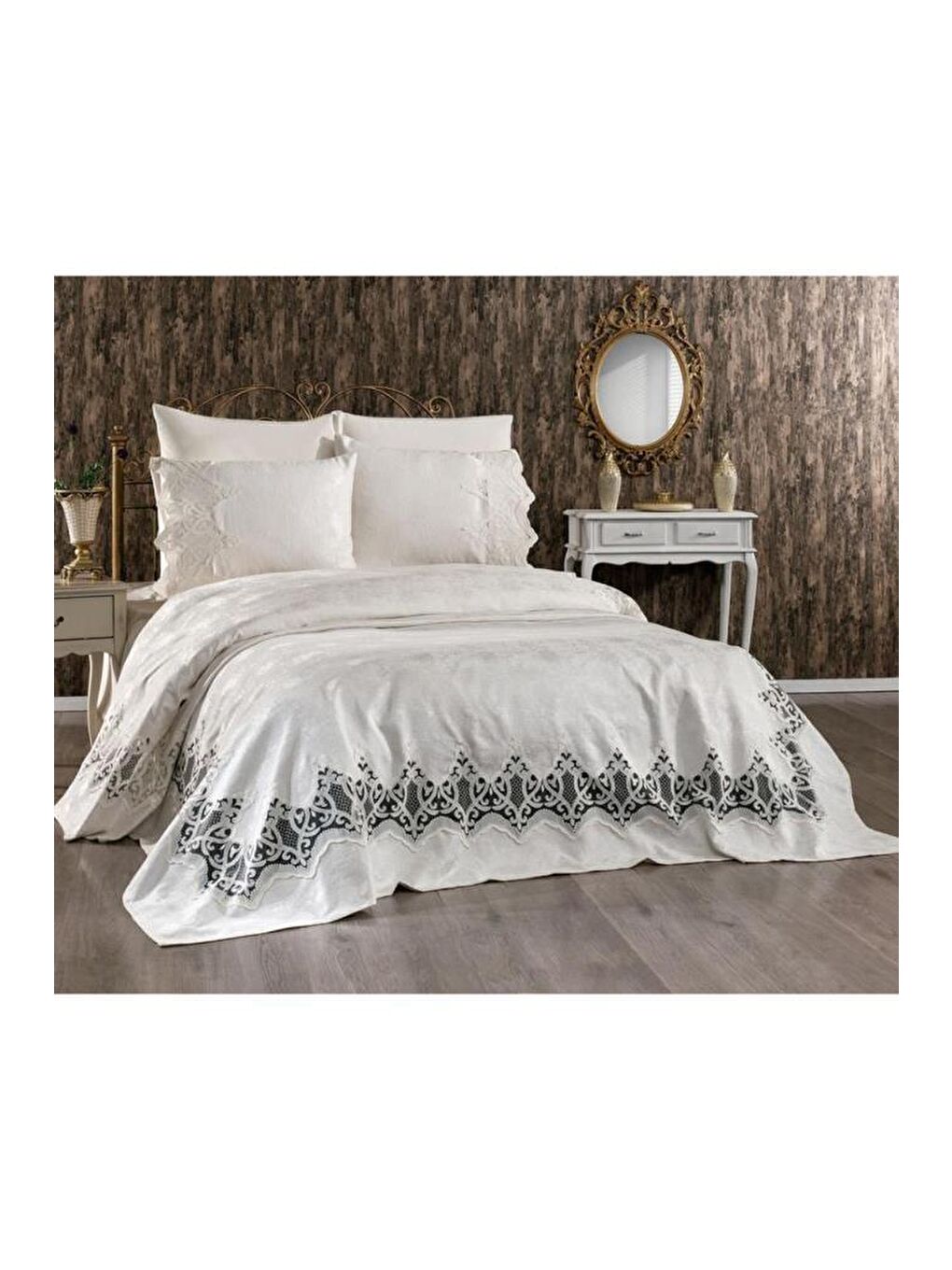 Karışık Stella Çift Kişilik Pike Takımı Krem-6