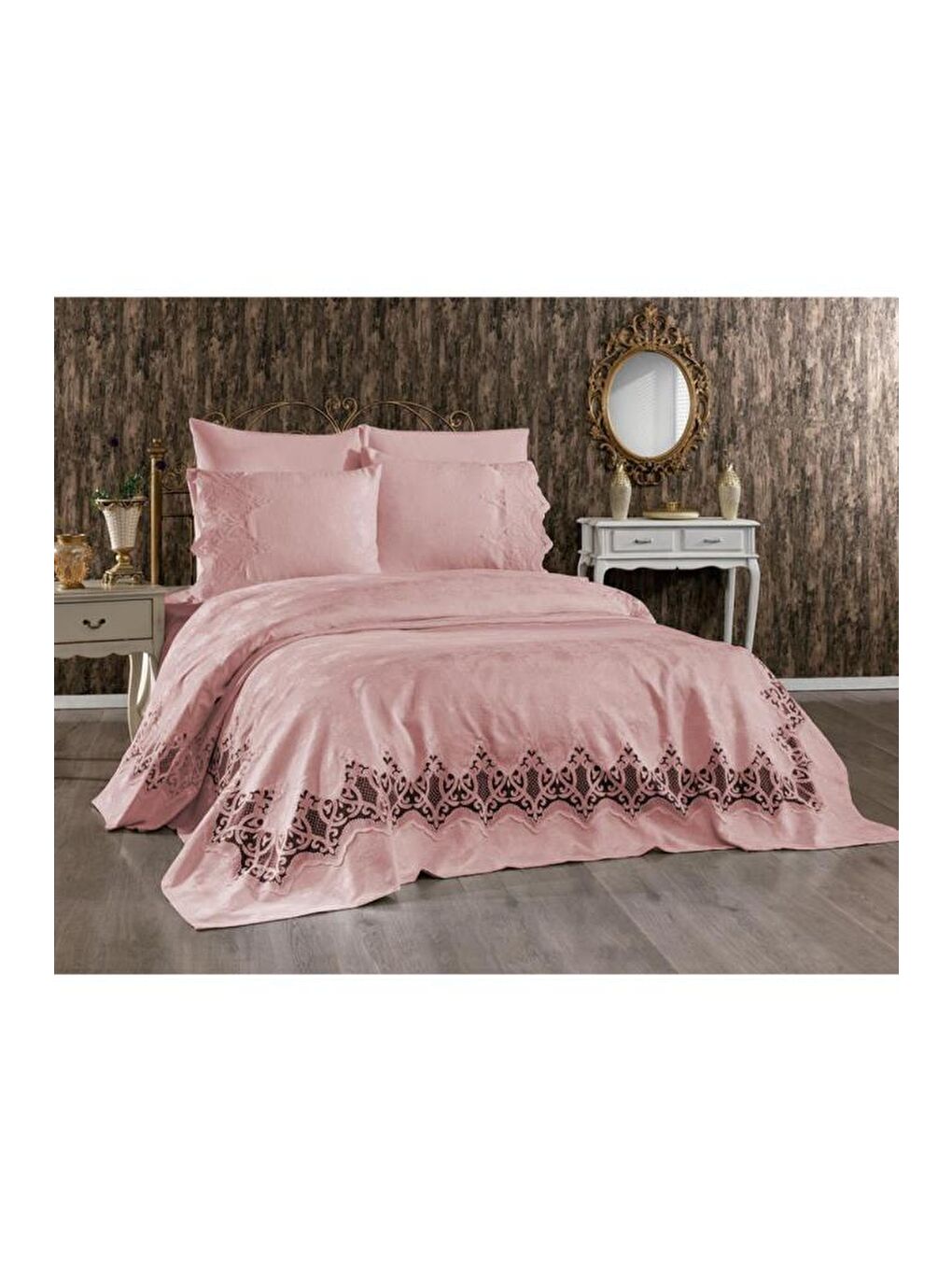 Karışık Stella Çift Kişilik Pike Takımı Pudra-6